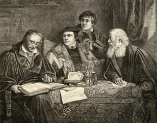 Luther, Melancthon, Pomeranus, and Cruciger translating the Bible